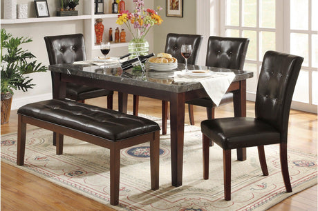 Front view of Decatur dark cherry rectangular dining table with tufted brown chairs