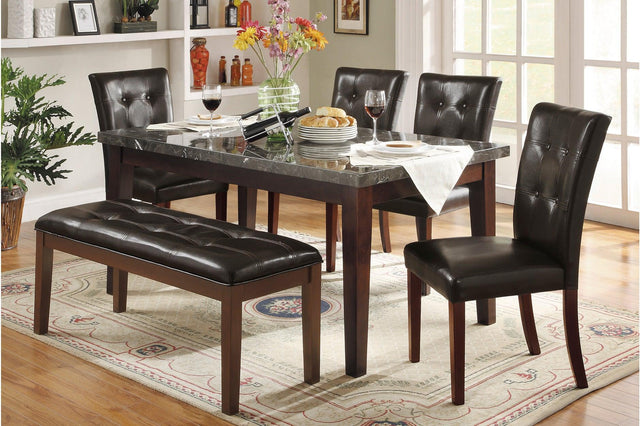 Front view of Decatur dark cherry rectangular dining table with tufted brown chairs
