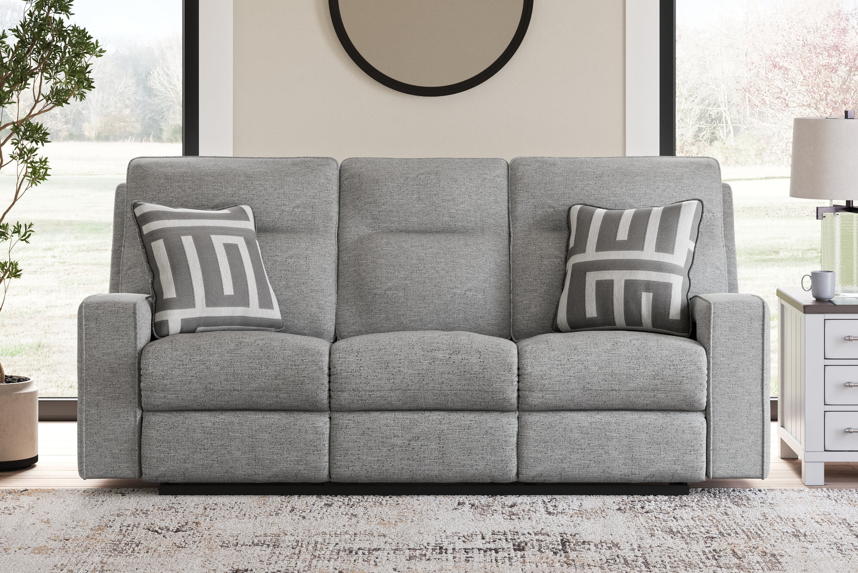 Lifestyle image of Biscoe Pewter Sofa and Loveseat in living room