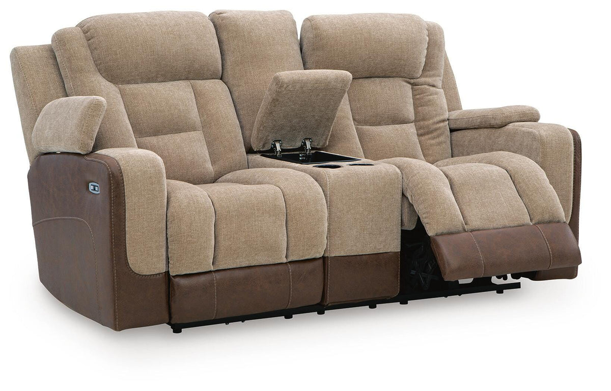 Mixed Motion Brownstone Chenille / Faux Leather Power Reclining Loveseat with Console — angled view