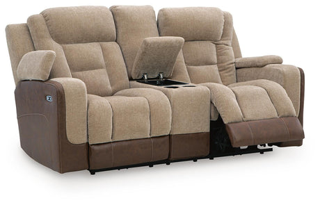 Mixed Motion Brownstone Chenille / Faux Leather Power Reclining Loveseat with Console — angled view