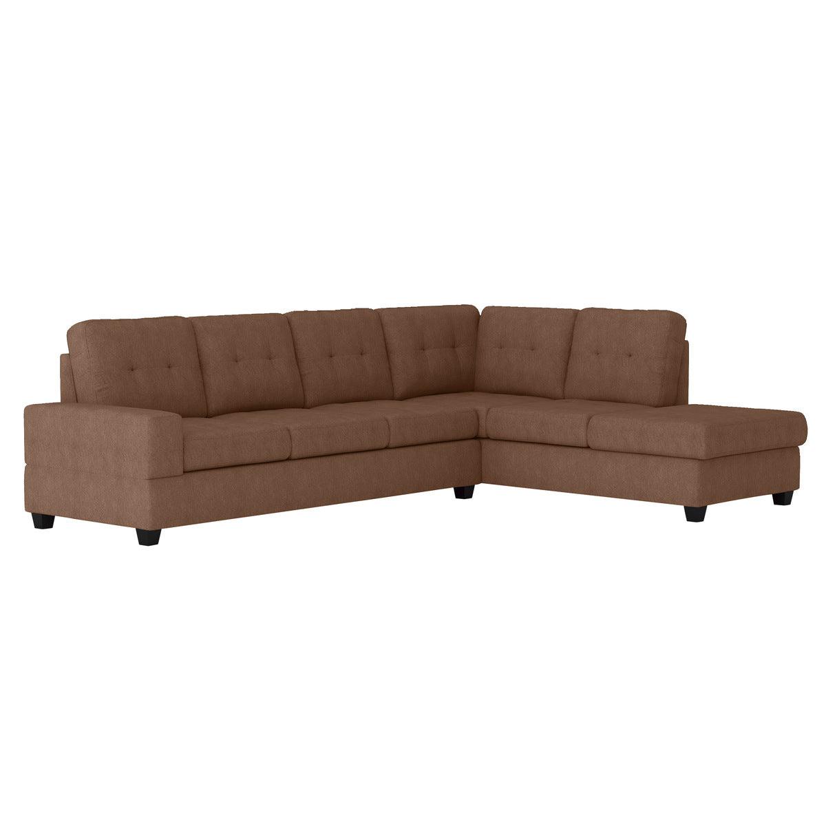 Detail of tufted chocolate fabric upholstery on sectional sofa