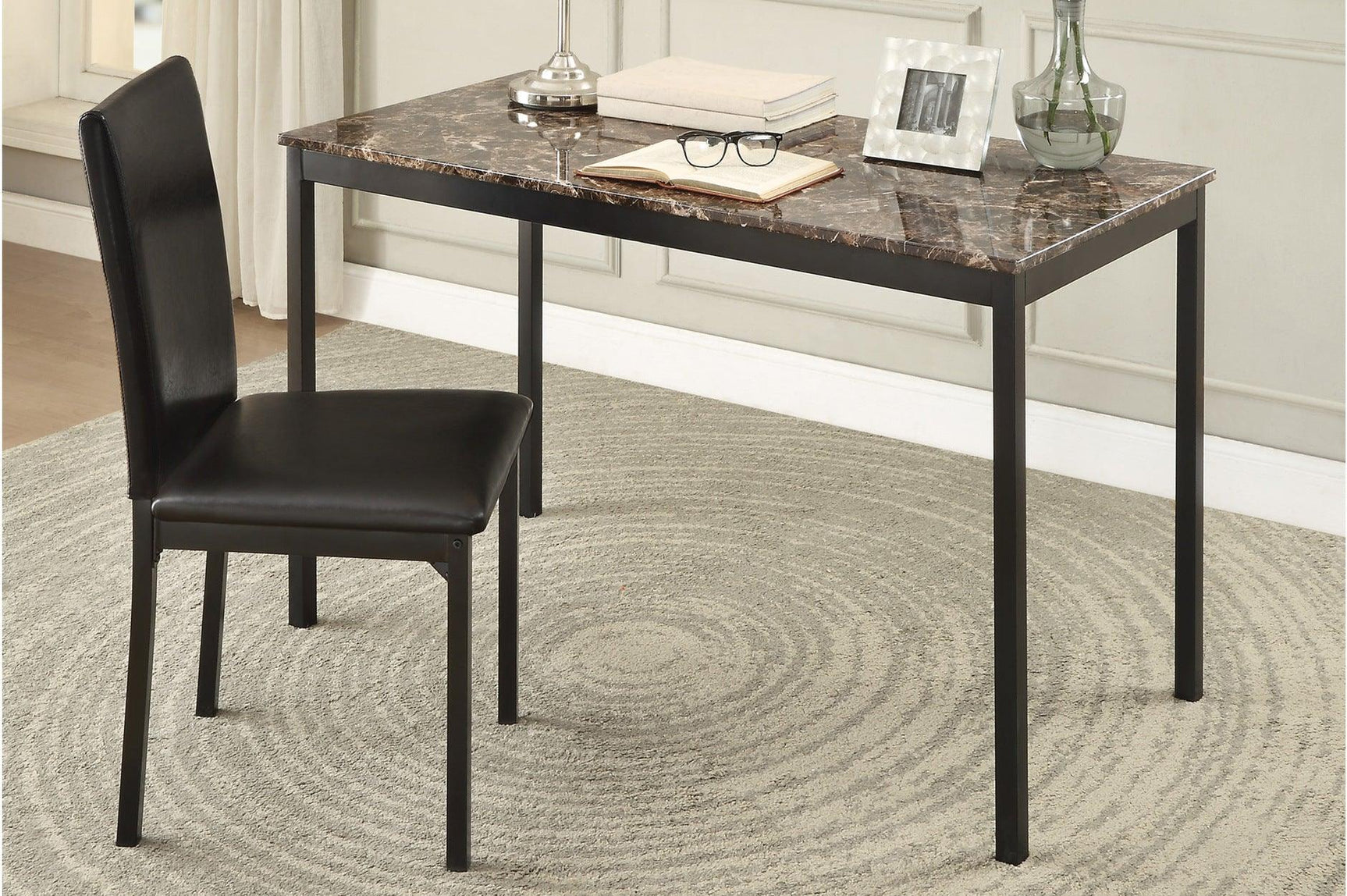 Tempe dark brown writing desk with faux marble top angled view
