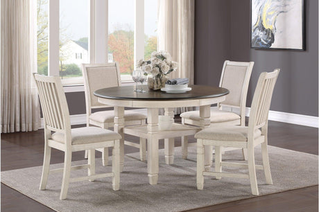 Main view of Asher antique white round dining set with fabric chairs