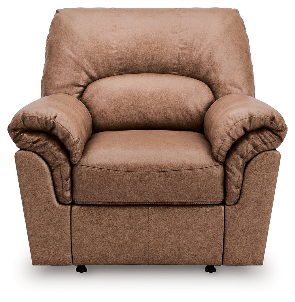 WillowBend Caramel Faux Leather Recliner chair reclining position side view