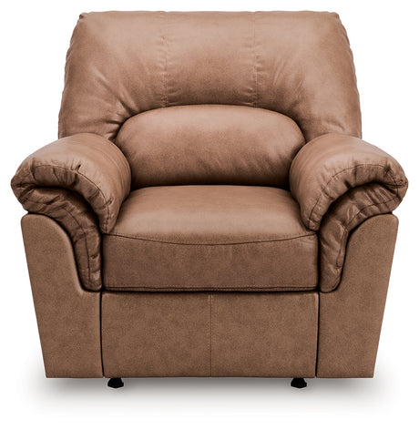 WillowBend Caramel Faux Leather Recliner chair reclining position side view