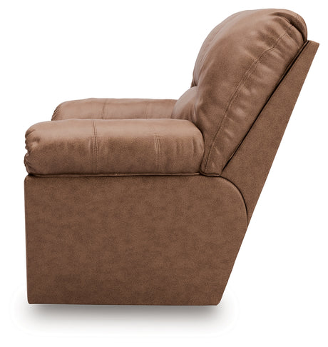 WillowBend Caramel Faux Leather Recliner chair reclining side angle