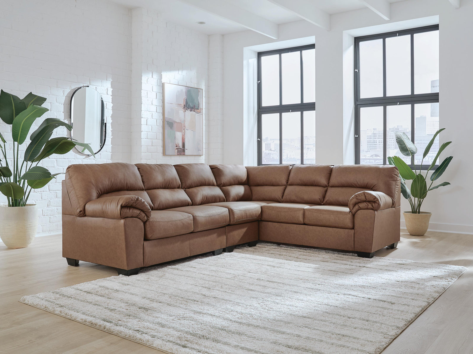 main view of WillowBend Caramel Faux Leather 3-Piece Sectional sectional sofa