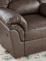 Close-up side view of faux leather and stitching on WillowBend Recliner