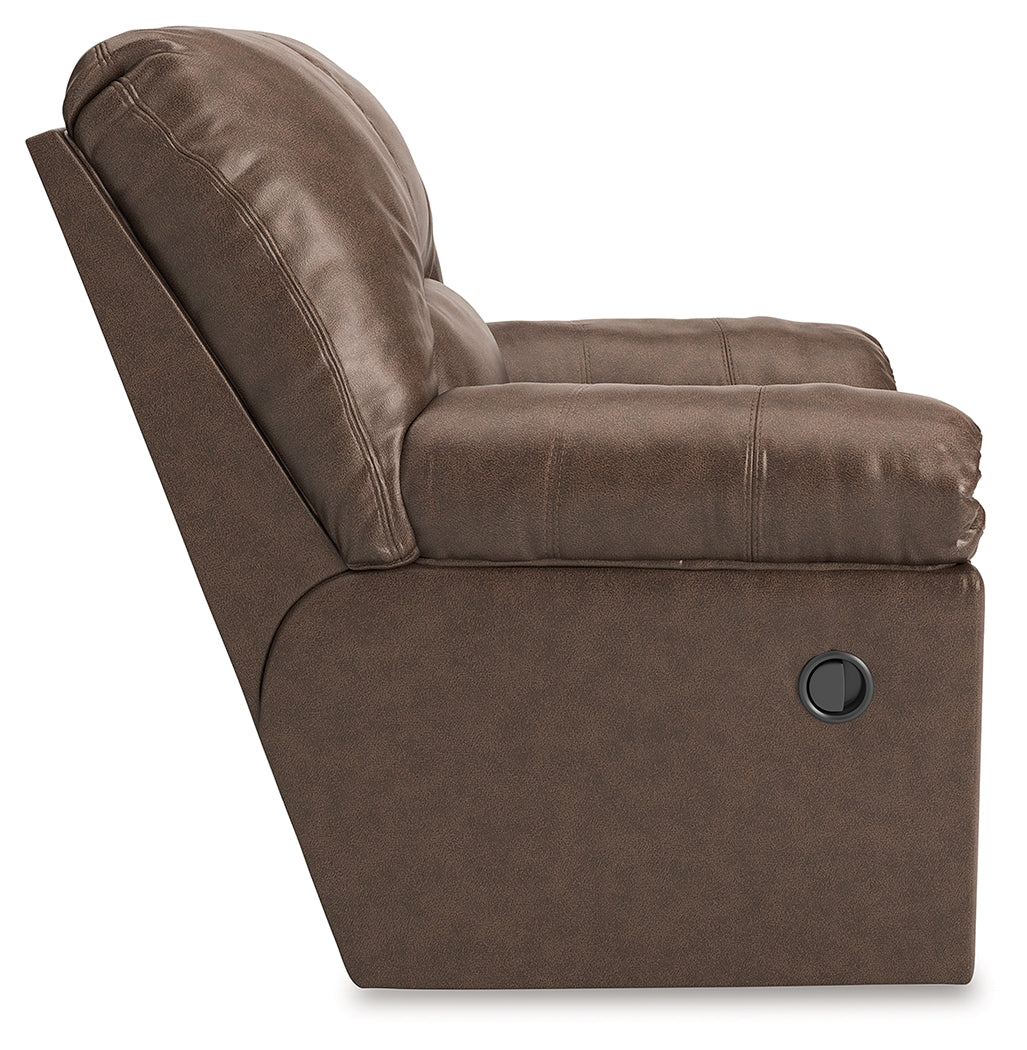 WillowBend Umber Faux Leather Recliner chair side reclining angle