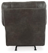 Open reclined position side view of Tambo Pewter Faux Leather Recliner