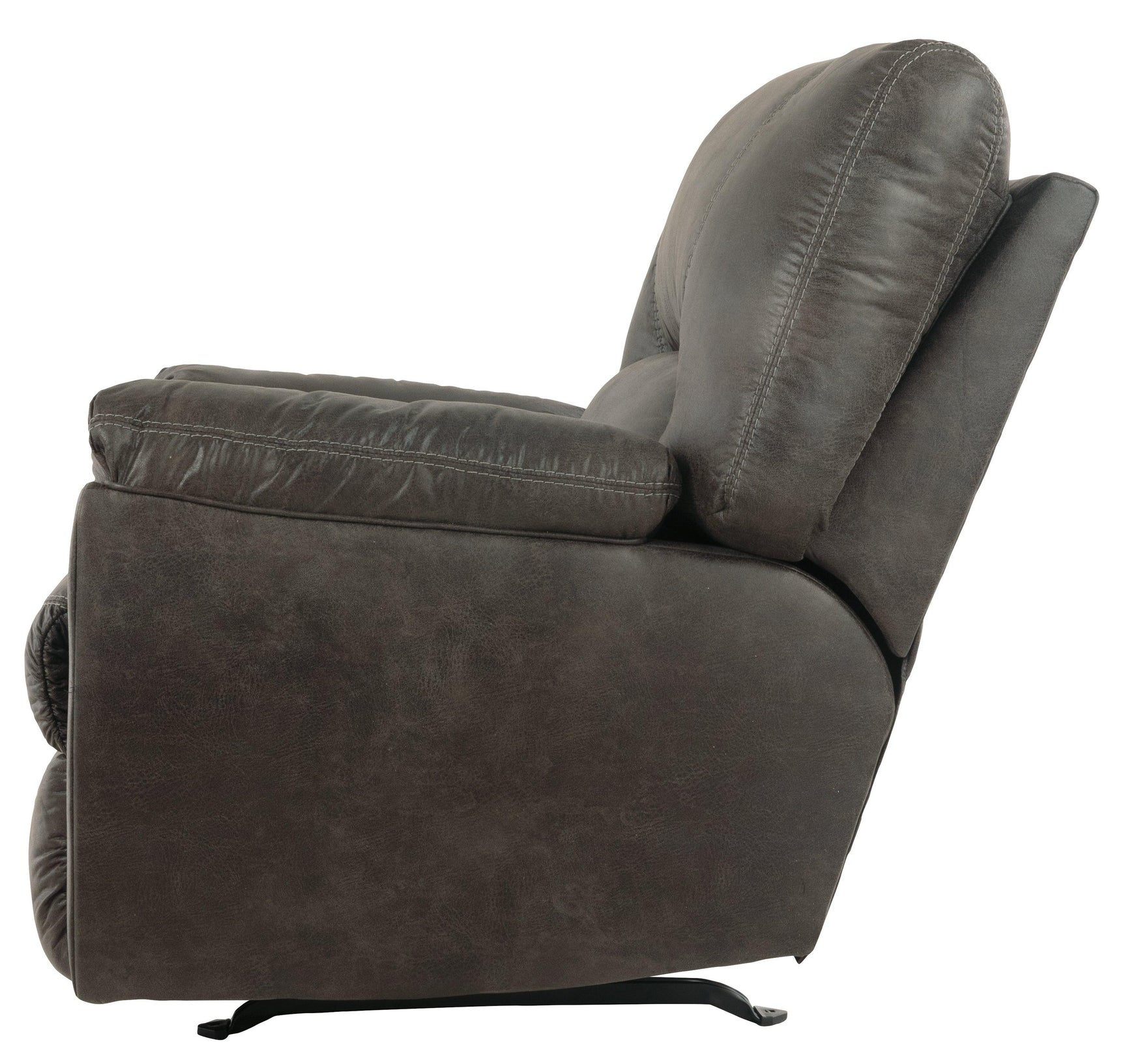 Detailed look at armrest of Tambo Pewter Faux Leather Recliner
