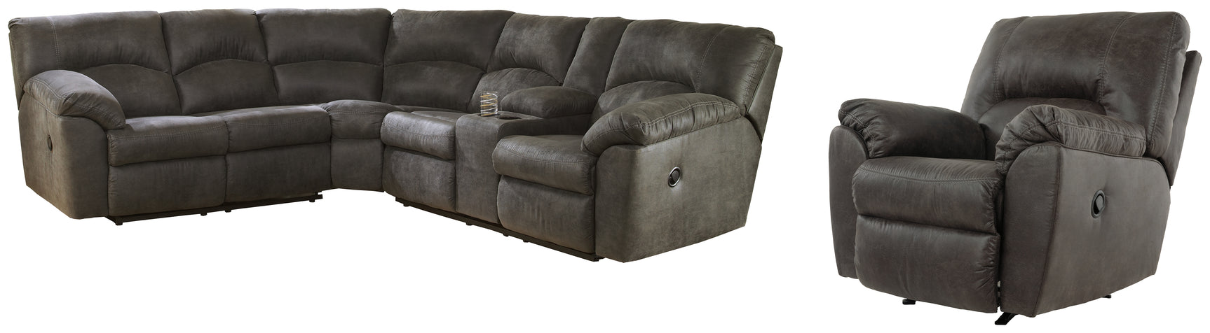 Side view of Tambo Pewter 2-Piece Sectional Sofa with Recliner