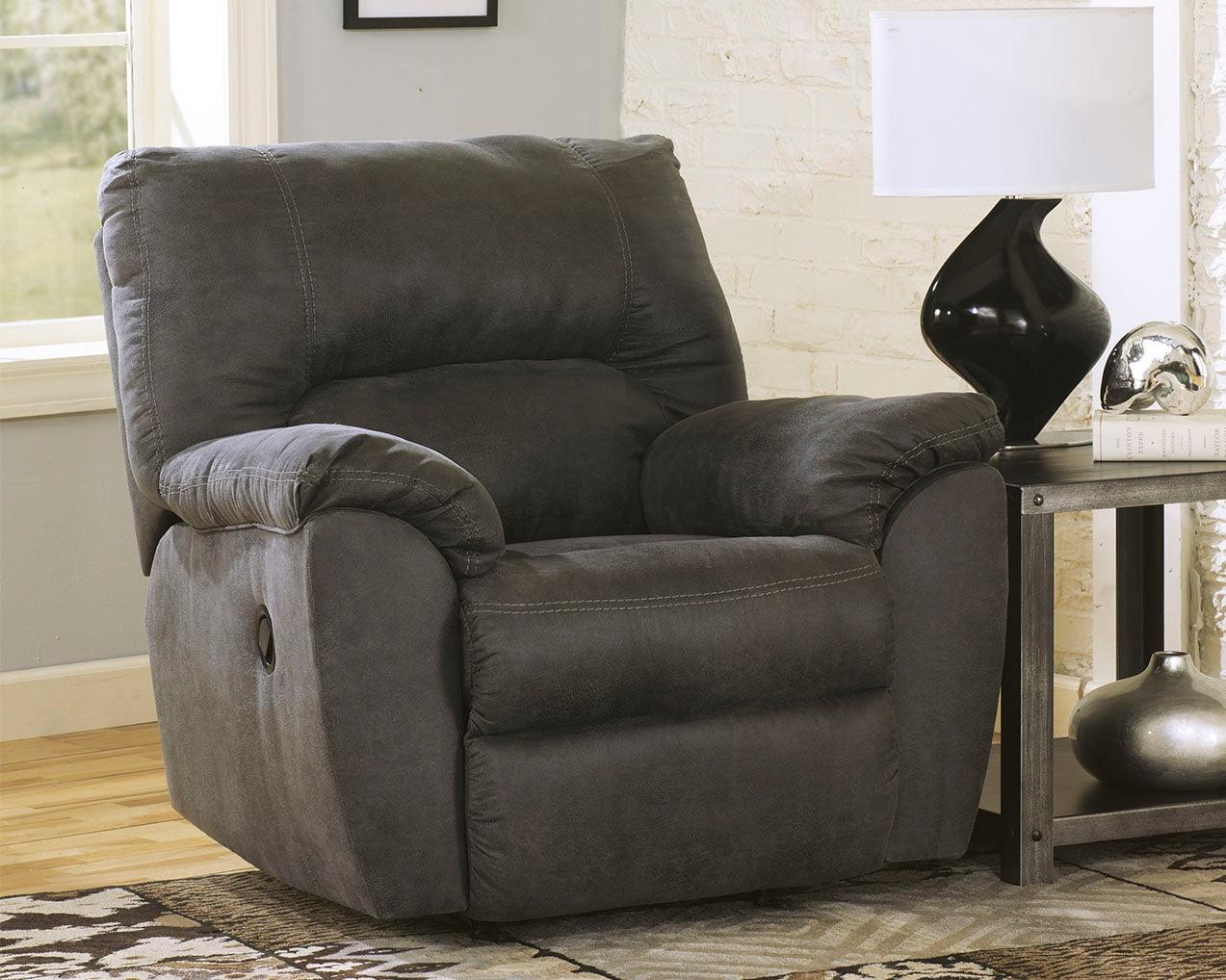 Tambo Pewter Faux Leather Recliner fully reclined side angle