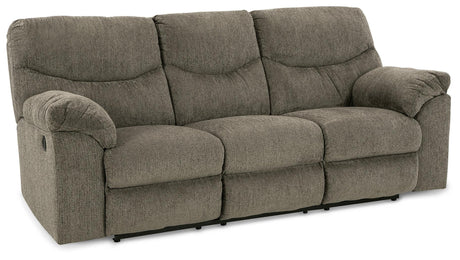 Alphons Putty reclining sofa, side closed recliner view