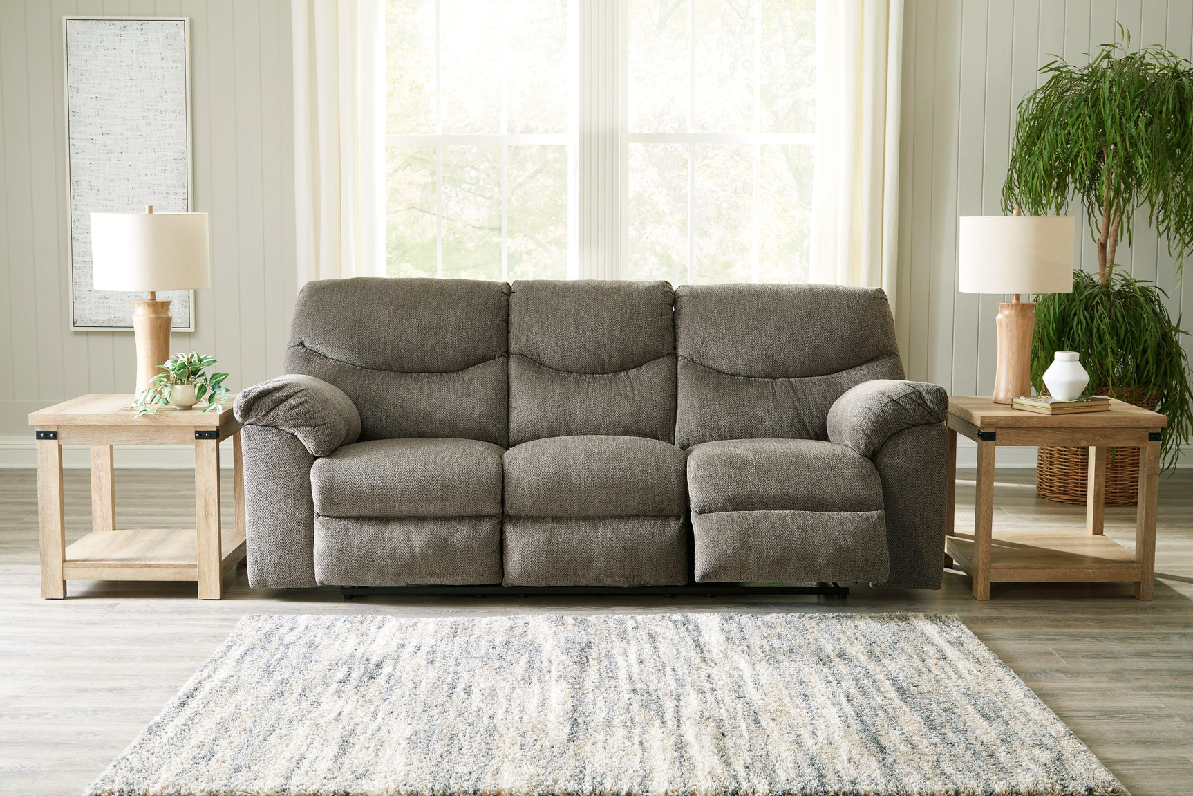 Alphons Putty reclining sofa, fully open recliner side view
