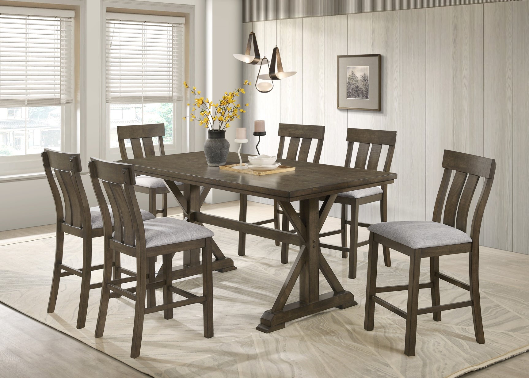 Close-up detail of table finish and chair upholstery