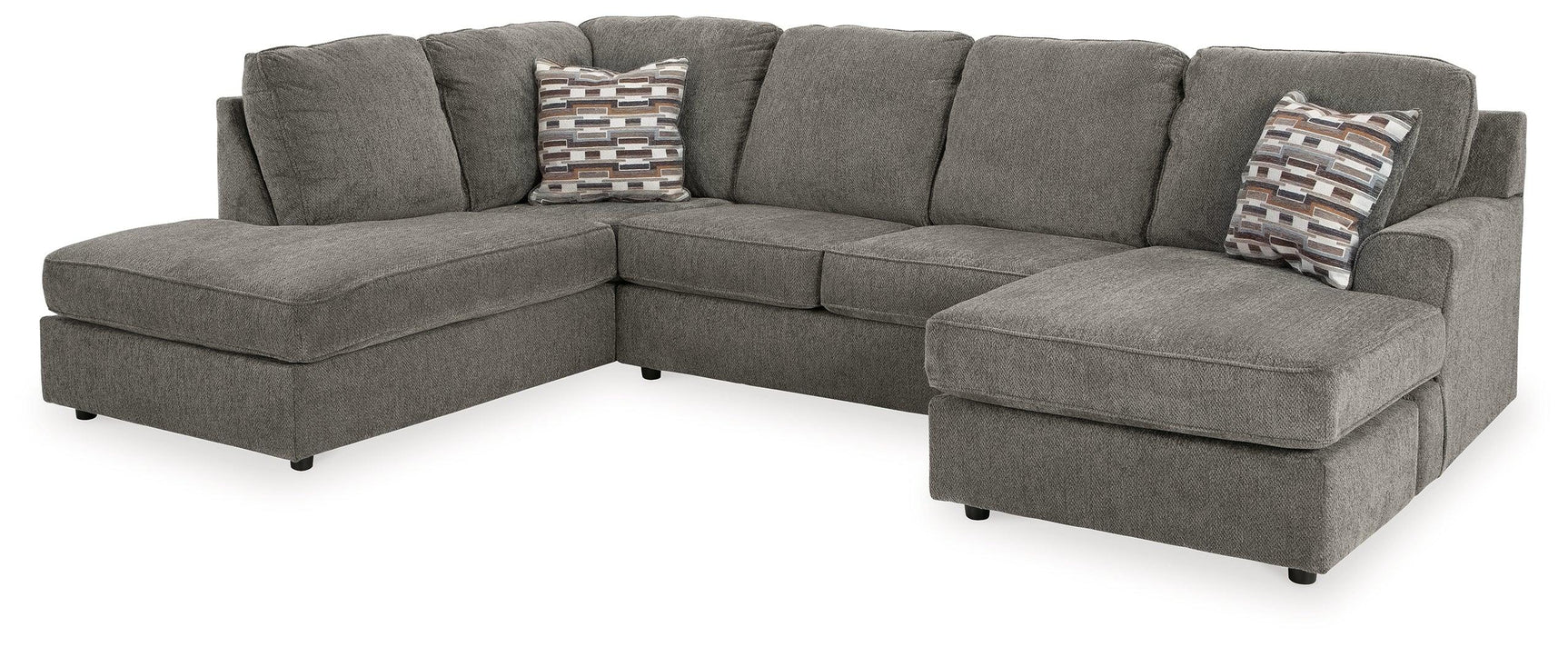 Side view showing putty upholstery and chaise section