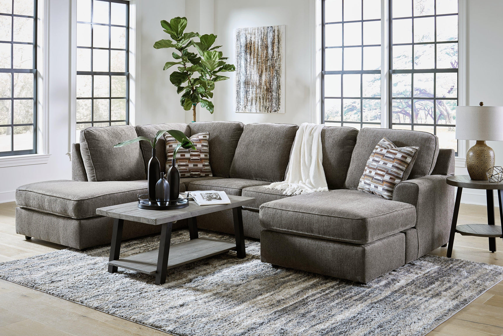 Close detail of upholstery texture on sectional sofa
