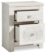 Paxberry Whitewash Two-Drawer Nightstand — angled view