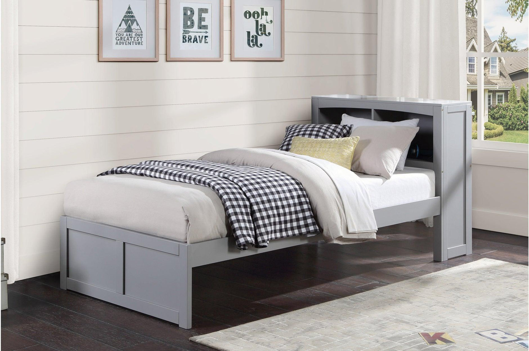 Orion Gray Wood and Engineered Wood Twin Bed with Corner Bookcase - Styled Bedroom