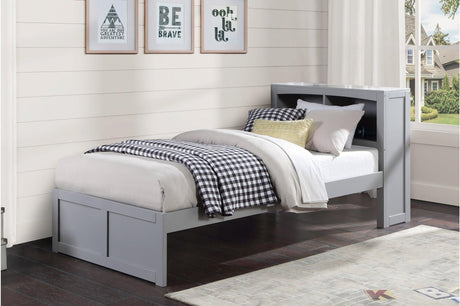 Orion Gray Wood and Engineered Wood Twin Bed with Corner Bookcase - Styled Bedroom