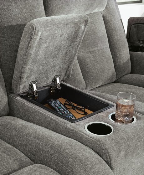 Mixed Motion Shadow Chenille / Faux Leather Power Reclining Loveseat with Console — detail view