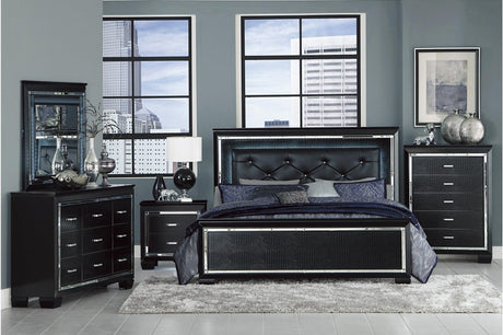 main view of Allura Black faux leather tufted LED panel bed