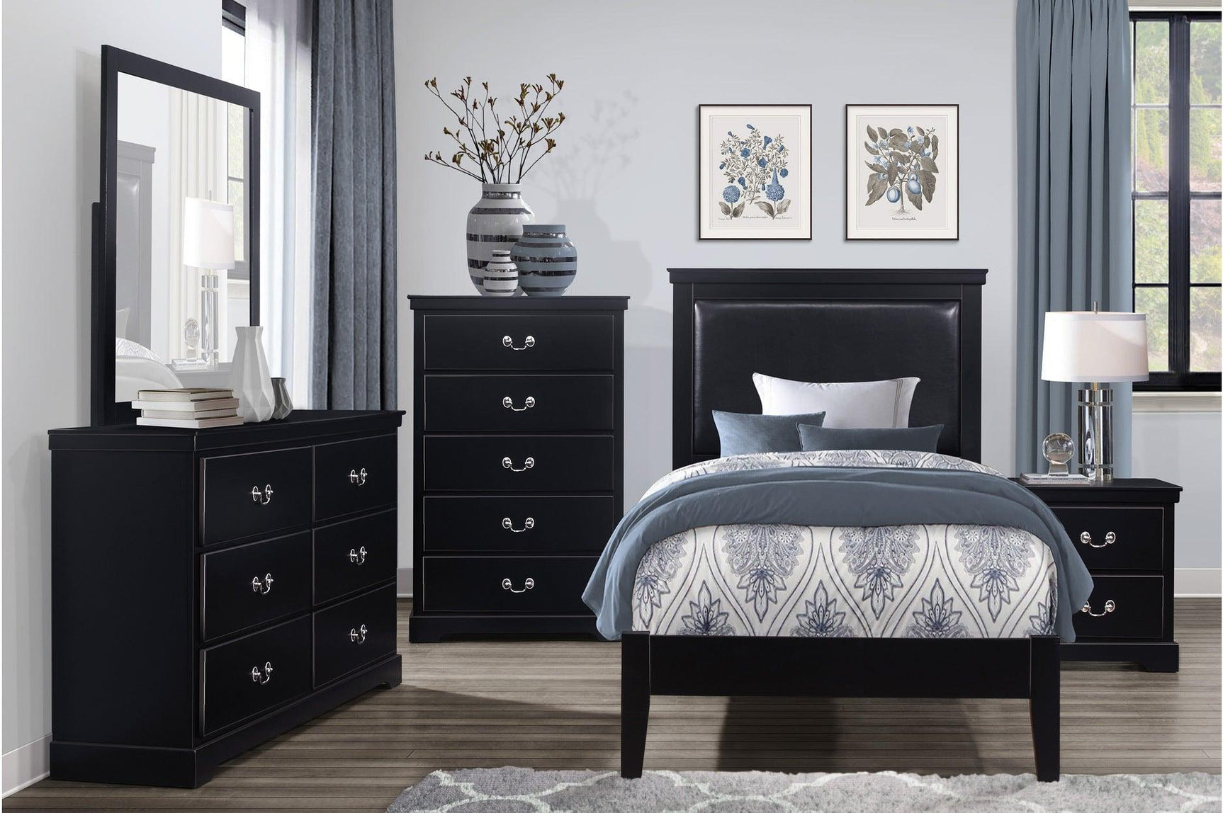 Bedroom view of Seabright Black Faux Leather Upholstered Bed
