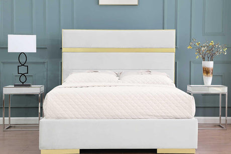 Cartier Ivory Gold Velvet Upholstered Platform Queen Bed, side angle showcasing velvet upholstery