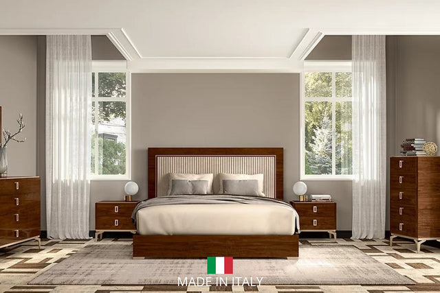 Eva Brown Italian king panel bed angled front view