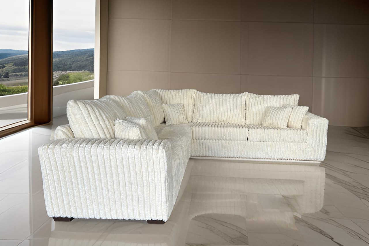 Detail of ivory corduroy fabric on Noah sectional