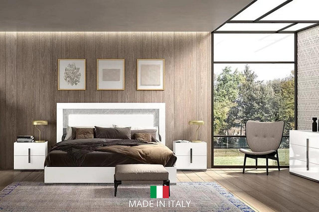 Mara White Modern Traditional Contemporary Marble Top Solid Wood LED Panel Bedroom Set - Ella Furniture