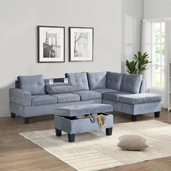 Allen Parkway Grey Modern Velvet Upholstery Tufted 3Pcs Sectional With Storage Ottoman - Ella Furniture