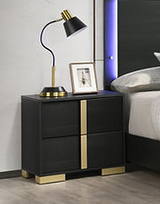 Aubrey Black Nightstand with Champagne Gold Handles and LED Lighting