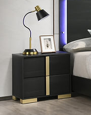 Aubrey Black Nightstand with Champagne Gold Handles and LED Lighting