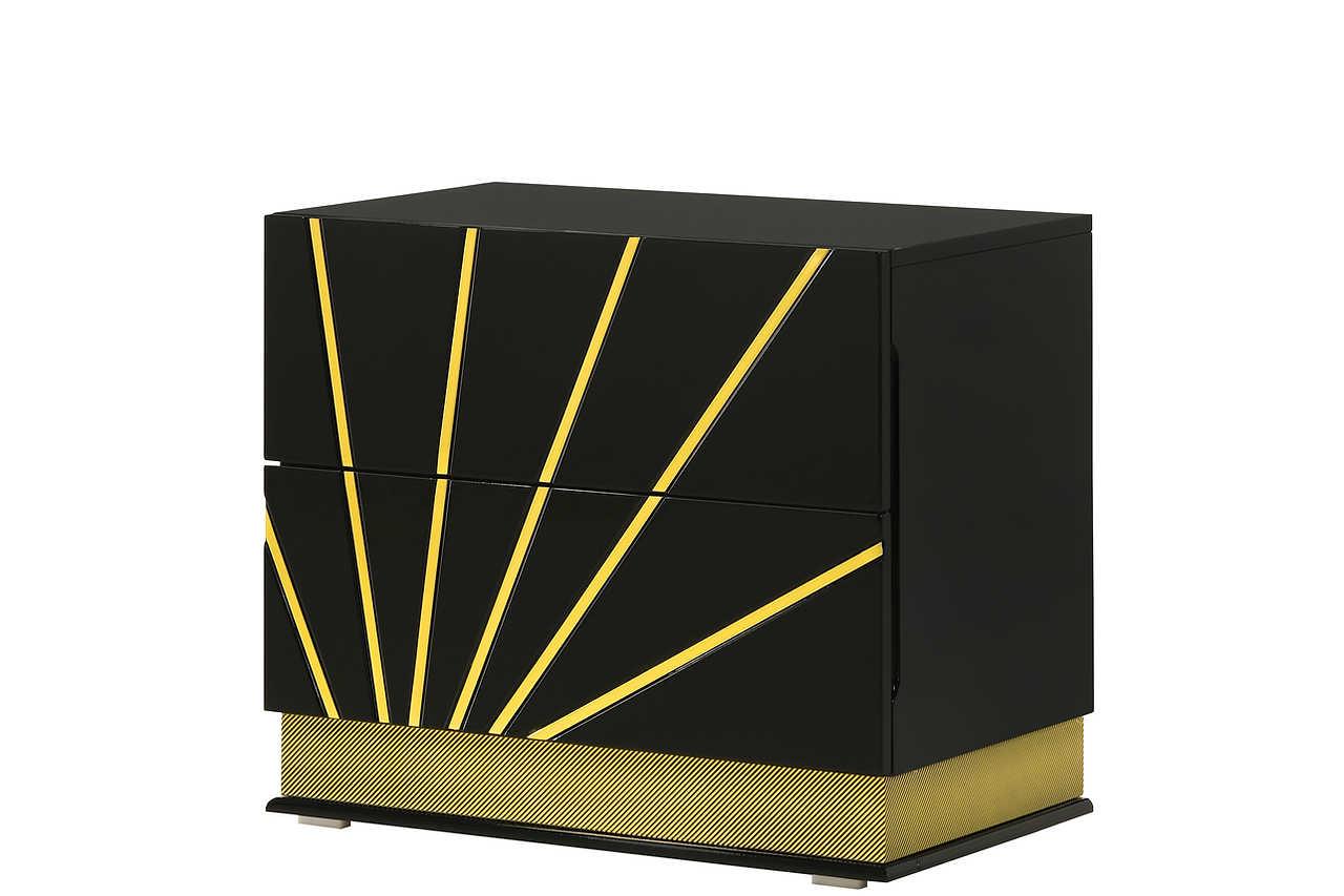 Zenia Black/Gold Modern Contemporary High Gloss Lacquer Solid Wood 2-Drawers Nightstand - Ella Furniture