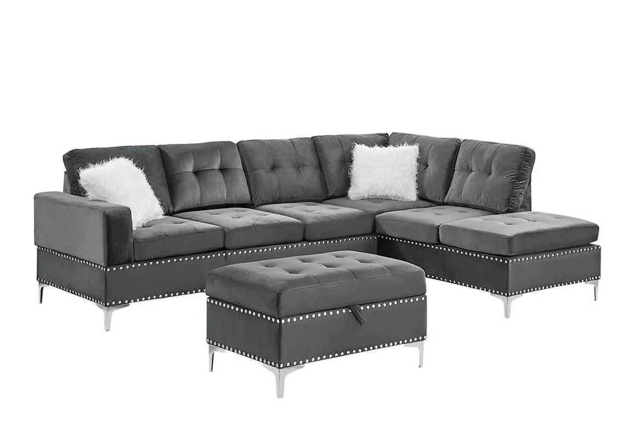Side view of Joy Grey Velvet Upholstered Tufted Sectional sofa