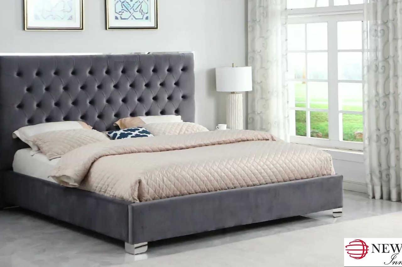 Side angle of Rose Grey Velvet Upholstered Tufted Platform Queen Bed showing platform base