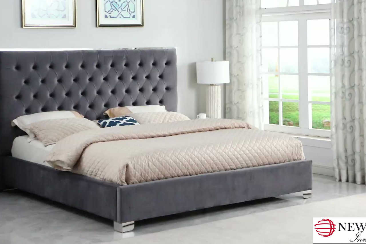 Rose Cream Velvet Tufted Queen Bed full view in bedroom setting