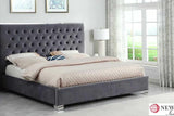 Close-up of Rose Grey Velvet Upholstered Tufted Headboard with chrome frame