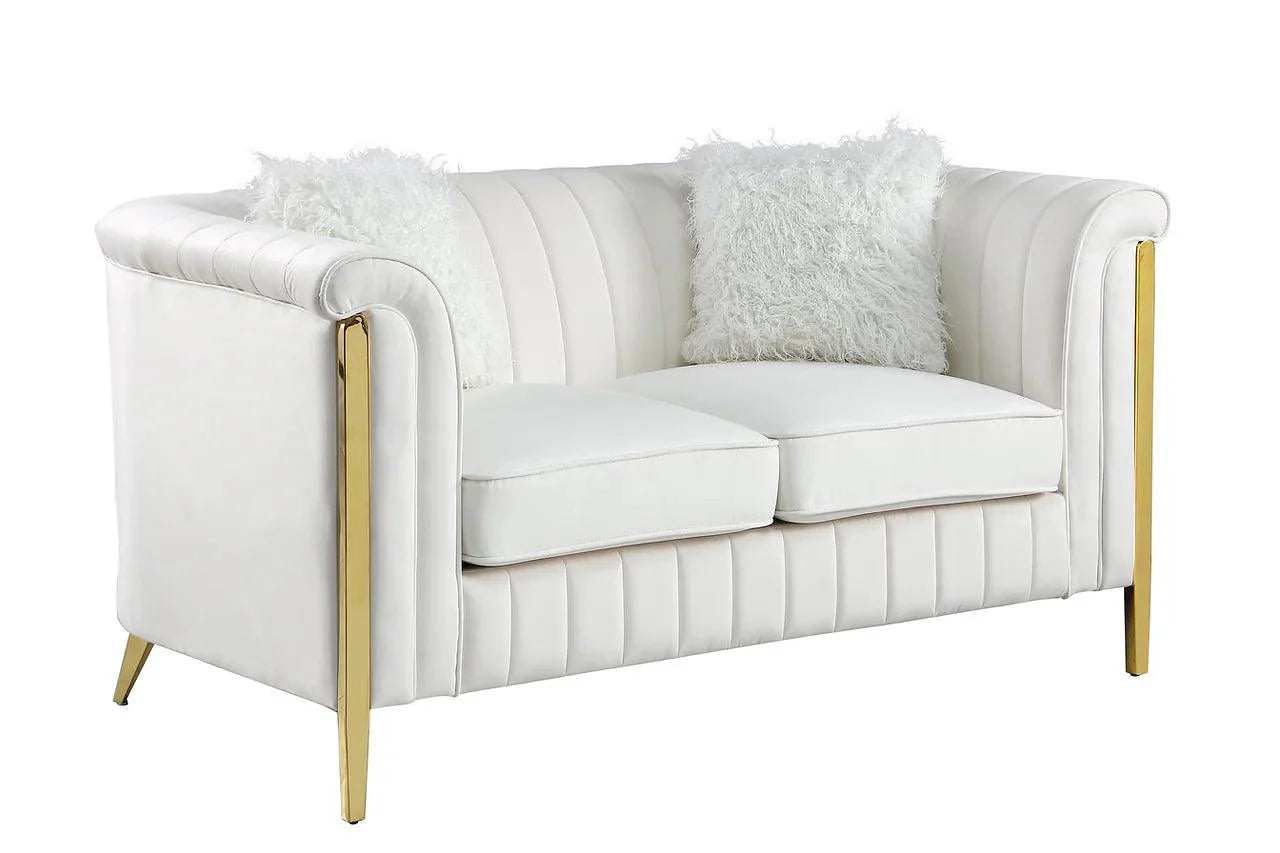 Side view of Fara Cream Velvet Sofa and Loveseat Set showing gold legs