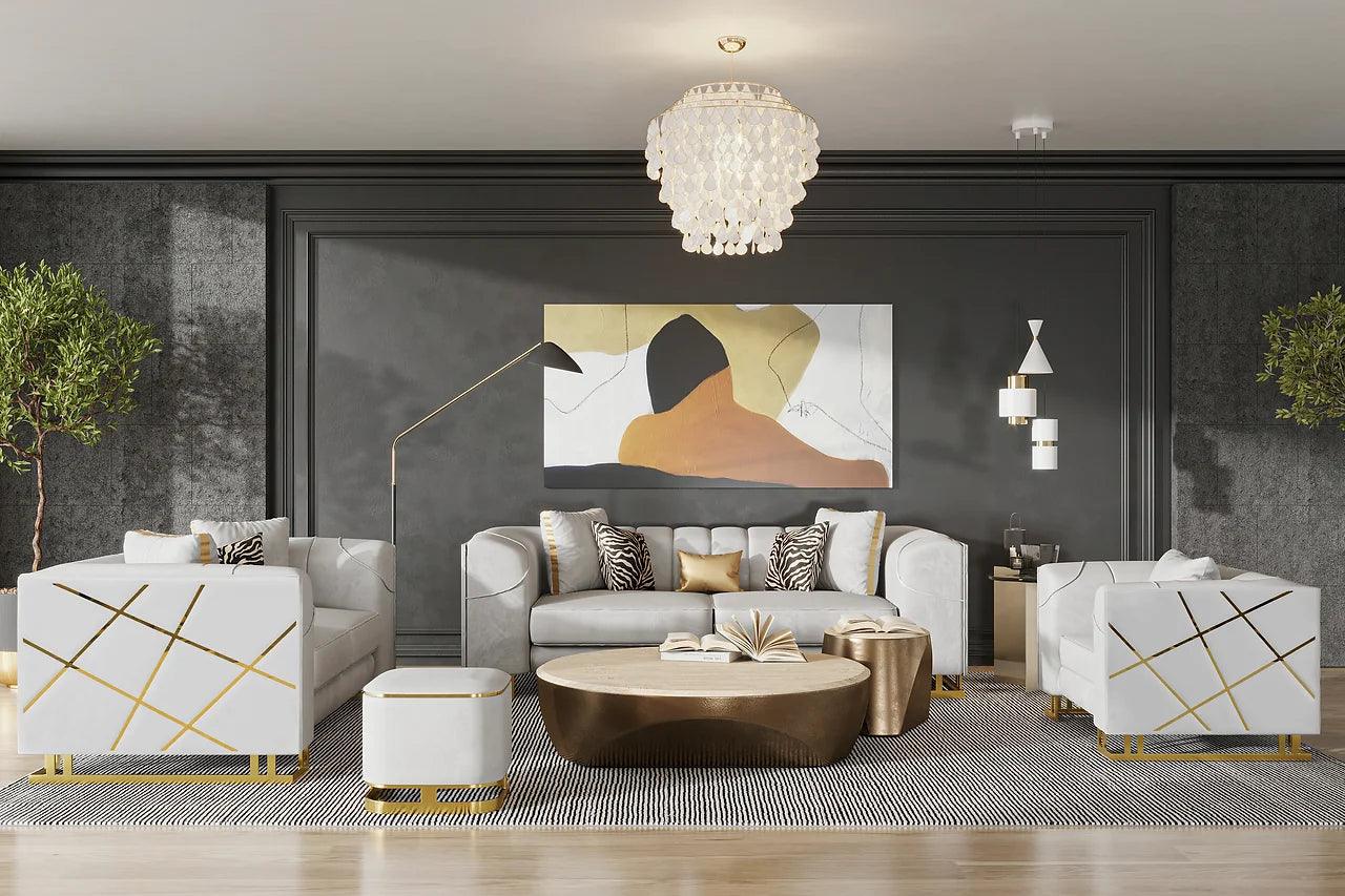 Designer Off-white velvet chair with gold legs, side view