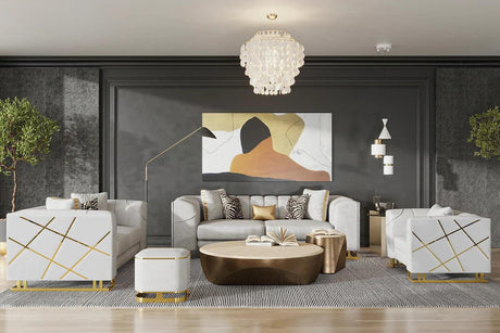 Front view of off-white velvet sofa with gold trim