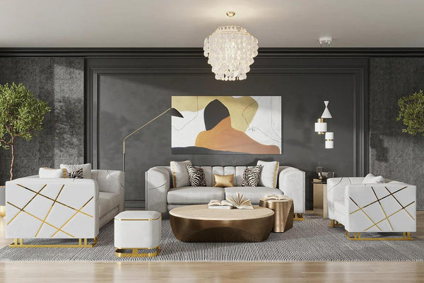 Front view of off-white velvet sofa with gold trim