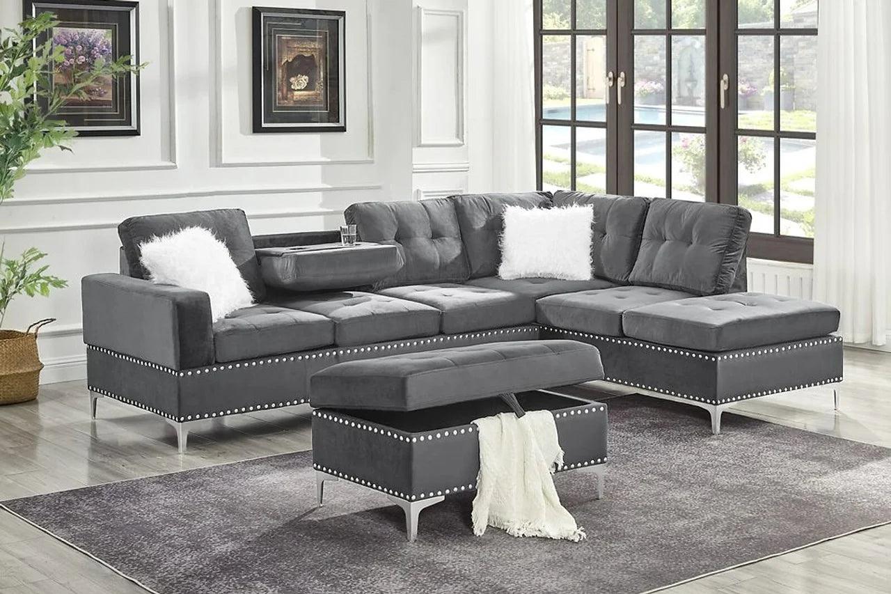 main view of Joy Grey Velvet Upholstered Tufted Sectional with Ottoman sectional sofa
