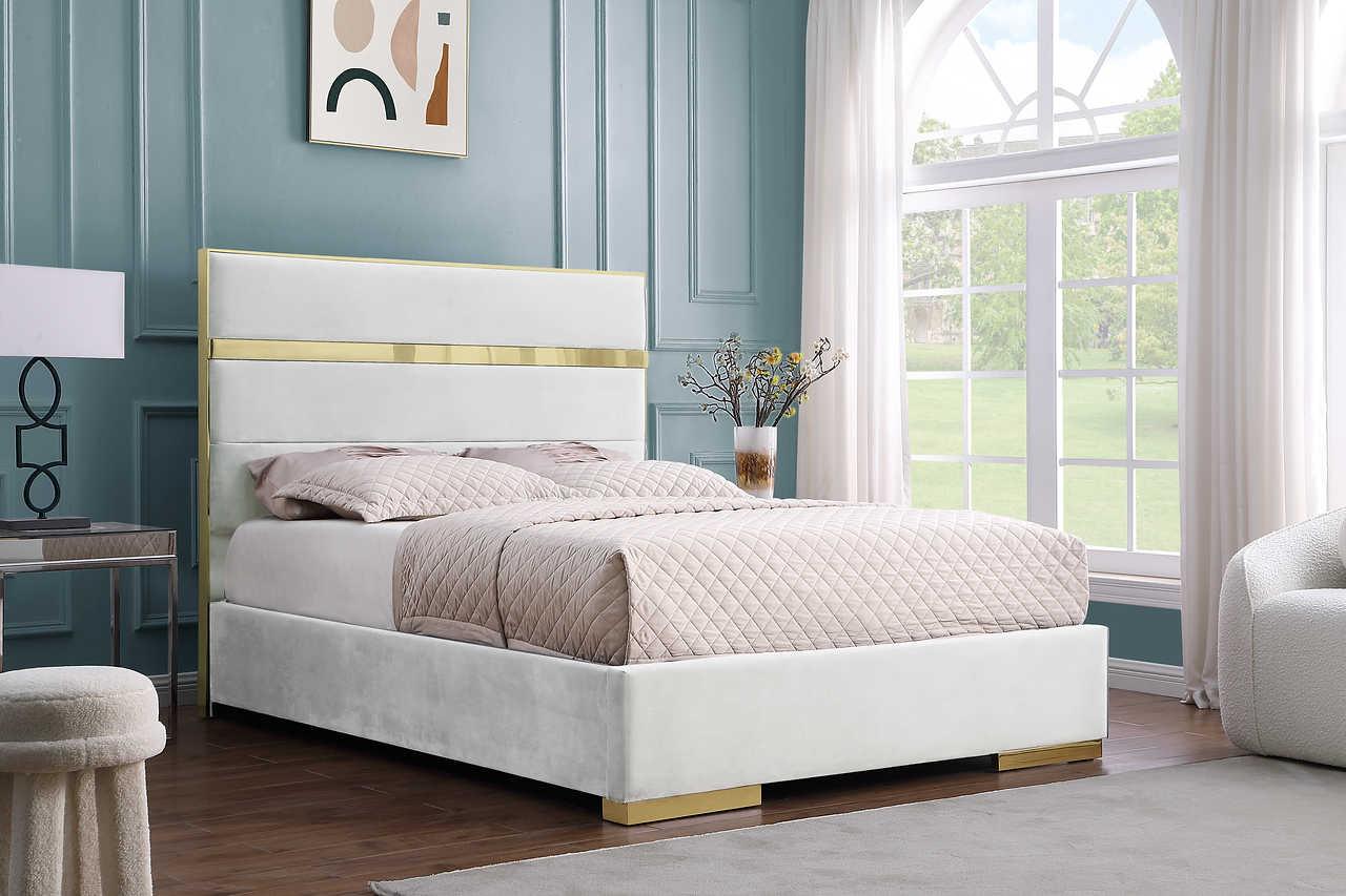 Cartier Ivory Gold Velvet Upholstered Platform King Bed side view