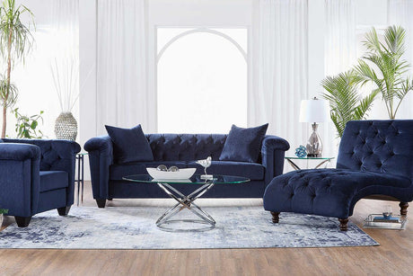 Navy velvet tufted sofa and loveseat set main view