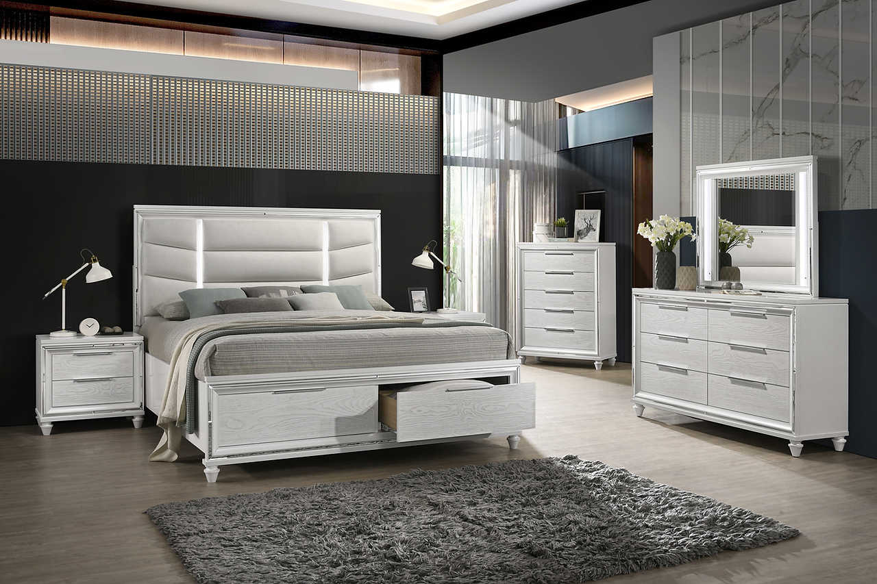 Paola White LED Upholstered Storage Platform Bedroom Set bed side view