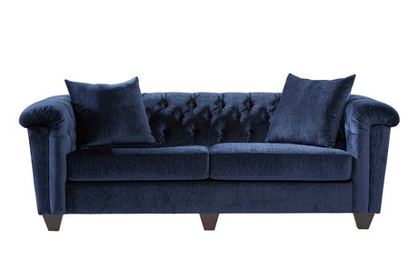 Lush Navy Velvet Upholstered Tufted Sofa front view